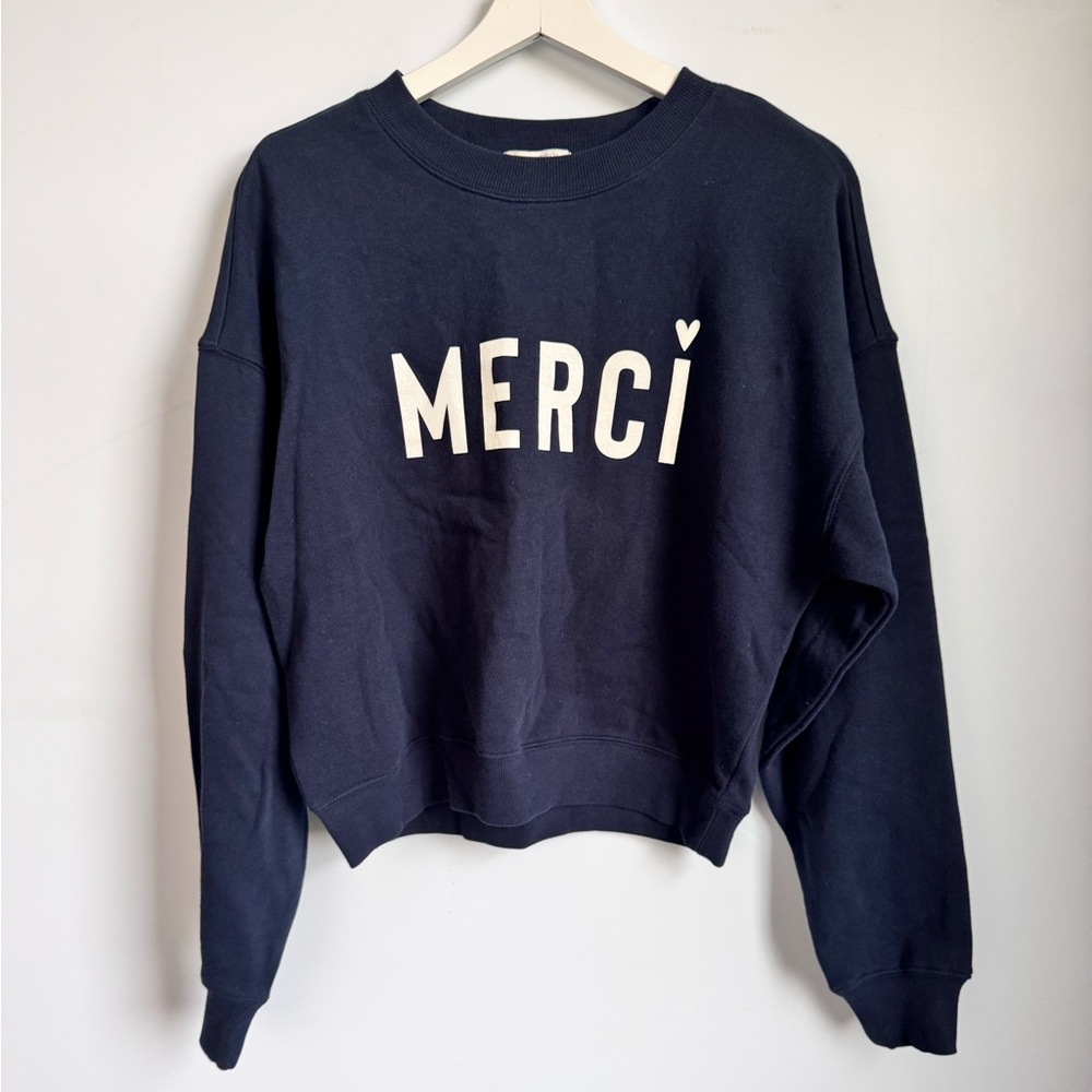 Z Supply First Date Sweatshirt Eclipse Navy Blue with white “Merci” Size XS